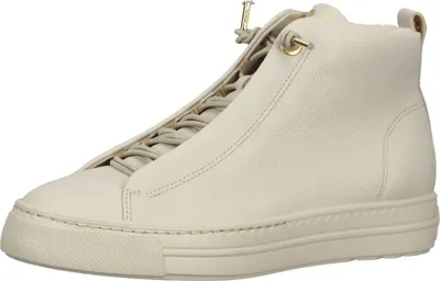 A single beige high-top sneaker is shown against a white background.