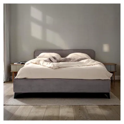 Produktbild von Polsterbett LAVORO Einzelbett 140x200, grau - Bett mit Lattenrost und Samtbezug, Bettgestell mit gepolstertem Kopfteil, modernes Design, stabiler Holzrahmen und Metallbeine