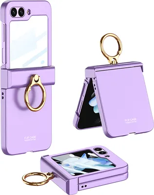 A collage of three images showing a purple flip phone case with a gold ring stand from different angles.