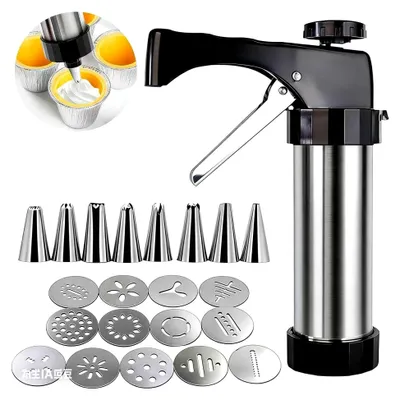 Produktbild von Gebäckspritze Set aus Edelstahl mit 13 Schablonen und 8 Tüllen, tragbare Kekspresse für Spritzgebäck und DIY Backzubehör