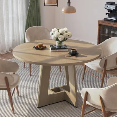 Productafbeelding van Ronde eettafel, diameter 120 cm, met een houtlook afwerking, geschikt voor 4-6 personen, stabiel en eenvoudig te monteren