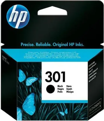 The image shows the packaging of an HP ink cartridge with butterflies on the front.