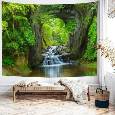 Productafbeelding van Unyqoos® Wandtapijt XXL, 350 x 256 cm – Berglandschap met waterval, natuurlijke kleuren, zachte 100% microvezel, decoratief wanddecor