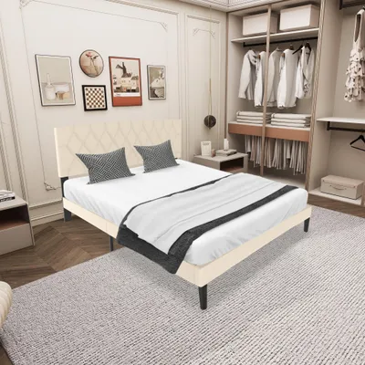 Produktbild von TRMLBE Bettgestell 160x200 cm Gästebett Metallbett mit Leder Kopfteil & 12 Lattenrost & Schwamm Einfassung Modern Bettrahmen Maximale Tragfähigkeit 300 KG, für Schlafzimmer Gästezimmer (Beige)