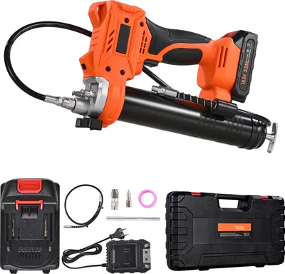 Image de SucceBuy Pompe à graisse sans fil, 55 Mpa, appareil à une main avec batterie 2,0 Ah & lumière LED, tuyau de 90 cm & sac de transport, déclencheur à vitesse variable, idéal pour les véhicules et les machines