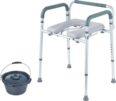 Image de Chaise percée, chaise percée de chevet avec siège et accoudoirs rembourrés, hauteur réglable sur 7 niveaux, seau amovible de 5,8 L, facile à assembler, capacité de 350 lb, siège de toilettes surélevé pour adultes et personnes âgées