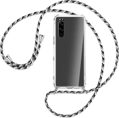 Produktbild von Handykette Backcover-Schutzhülle mit Band (Metall silberfarben) für Sony Xperia 5 - schwarz/grau/weiß