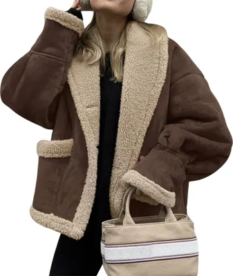 Produktbild von ASKSA Damen Oversized Fleecejacke Winterjacke Sherpa Futter Warm Knopfleiste Revers Kurz Jacke Vintage Faux Wildleder Mantel Plueschjacke (Dunkelbraun,M)