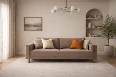 Immagine prodotto di Divano da salotto marrone, divano imbottito di design a 3 posti, divano in tessuto