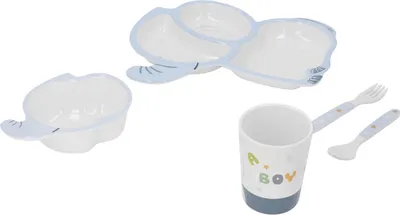 Productafbeelding van Kinderserviesset, melamine, met cartoon-olifantmotief, vaatwasmachinebestendig, geschikt voor babyvoeding, inclusief vork, lepel, kom en beker