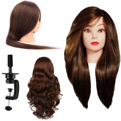 Produktbild von Alinka Trainingskopf 90cm braun Friseurkopf zum Kämmen, Übungskopf , 60% Naturhaar+ Griff