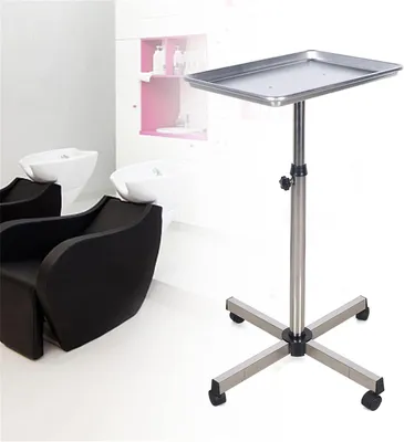 Zdjęcie produktu dla Mobilny wózek salonowy, regulowany na wysokość (70-103 cm), wykonany z aluminium, przeznaczony do salonów kosmetycznych i spa