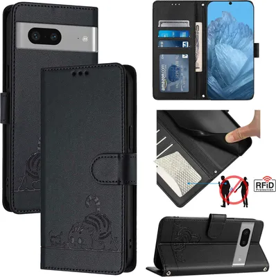 Produktbild von Leder Hülle für Google Pixel 7 Süße Katze Flip Case Brieftasche Schutzhülle mit Standfunktion Schwarz