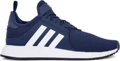A side view of a blue Adidas sneaker with white stripes.