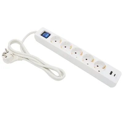A white power strip with multiple outlets and USB ports, connected to a white power cord and plug.