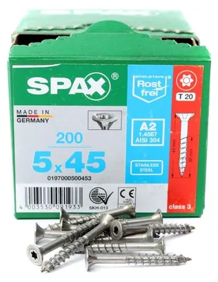 Immagine prodotto di SPAX® 0197000500453 SPAX® Universalschrauben T20 Senkkopf Edelstahl A2 0197000500453 5 mm x 45 mm, 200 St.