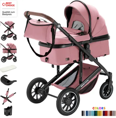 Produktbild von Daliya® FLEXI-PRO M 2in1 Kombikinderwagen Buggy Sportwagen Reise-Kinderwagen Leichter Babywagen Klappbar mit Liegefunktion Höhenverstellbar Umbaubar mit großem Einkaufskorb Sicher & Komfortabel für Stadt Reisen Neugeborene & Kleinkinde (Rosa Leinen)