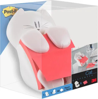 Obrázek produktu pro 3M    Post-it® Z-Notes Dispenser – zásobník na lepící papírky Kočka bílá + Super Sticky Z-Notes růžová – 76 mm x 76 mm – 90 listů/blok