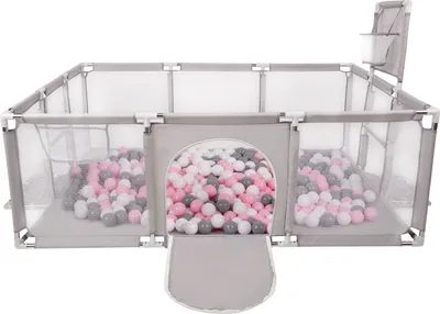 Produktbild von Selonis laufstall baby großer spielplatz mit 100 bälle bälle laufgitter für kinder, grau: weiß/grau/puderrosa
