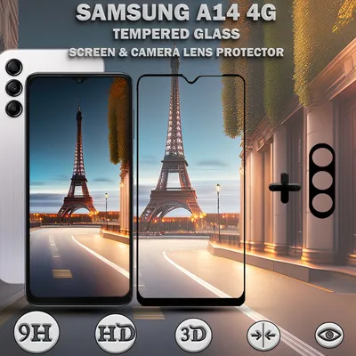 Produktbild von Samsung Galaxy A14 4G Displayschutzfolie und Objektivschutz aus 9H gehärtetem Glas