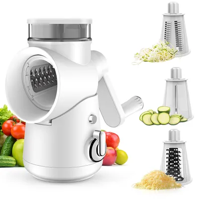 Produktbild von Trommelreibe Käsereibe 3 in 1, Gemüseschneider Manuell Weiß, Edelstahlklingen, sicherer Griff, Zerkleinerer mit Kurbelbetrieb,Raspel, Gemüsehobel