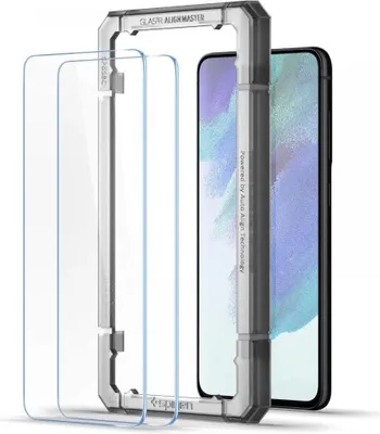 A smartphone screen protector kit with an alignment tool and two screen protectors, next to a smartphone.