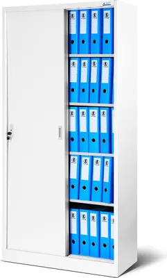 A white metal filing cabinet with sliding doors, filled with blue binders on shelves.