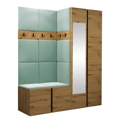 Obrázok produktu pre Predsieňová stena s čalúnenými panelmi 42x42 SELAND 10 - dub artisan / tyrkysová