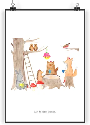 Produktbild von Mr. & Mrs. Panda Bild Waldtiere Picknick DIN A3 - Weiß - Geschenk, drucke, wanddeko, kunstposter, Fuchs, Lustige Sprüche, Hase, Wald, Plakat, Maus, Eichhörnchen, Igel