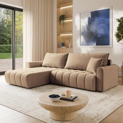 Produktbild von Masseno Ecksofa FRIGA mit Schlaffunktion L-Form, Sofa mit Bettkasten, Wohnzimmersofa, Couch, Soffa, Bettsofa, Couchgarnitur- Beige, ARAGON 14