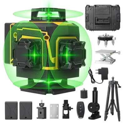 Produktbild von Laser-Entfernungsmesser - 16 Linien 4D - Selbstnivellierend - 360° Horizontal und vertikal - Fernbedienung - Akku inklusive - Gelb mit Stativ