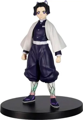 A figurine of Shinobu Kocho from Demon Slayer: Kimetsu no Yaiba standing on a black circular base.