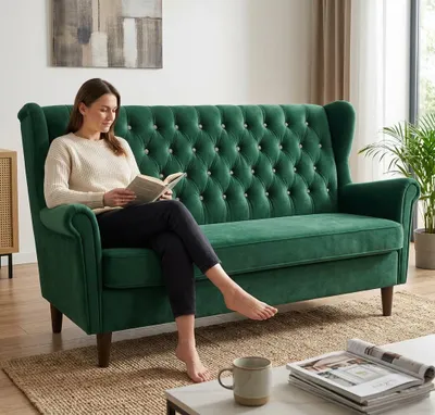 Produktbild von Schlafsofa GAJA1 Royal – mit Schlaffunktion & Bettkasten, Velours in Grün, Family Meble, KI-generiertes Bild