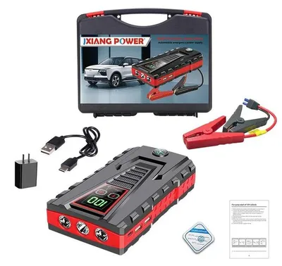 Obrázek produktu pro Startovací sada pro auto 2 v 1 – startovací zařízení s kompresorem a powerbankou – 6000 mAh – Digitální kompresor na pneumatiky – Přenosné záložní zdroj energie – 6000 mAh