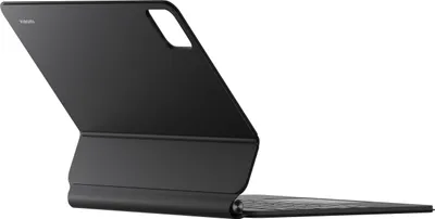 A black keyboard case for a tablet is shown from a side angle, with the tablet screen area open.