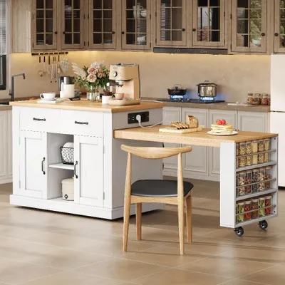 Produktbild von Kücheninsel mit ausziehbarem Esstisch, mobiler Küchenwagen mit Steckdose und USB, viel Stauraum auf Rollen, Holzoptik, 132x60x93 cm