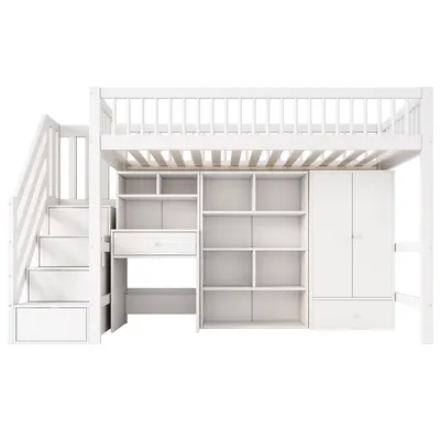 Produktbild von Flieks Etagenbett 90x200cm mit Schreibtisch, Hochbett mit Kleiderschrank und Regal, Kinderbett mit Rausfallschutz und Lattenrost, Stockbett mit Treppe