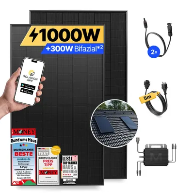 Produktbild von Balkonkraftwerk 1000W Solaranlage mit Ziegeldach Halterung (Einzelmontage) Steckerfertig Komplettset Photovoltaik Anlage 800W, Kabellänge: 5m, Solakon