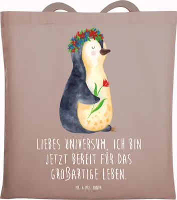 Produktbild von Mr. & Mrs. Panda Tote Bag Pinguin Blumen - Braun Pastell - Geschenk, Positiv, Tragetasche, Universum, Laptoptasche, Beutel, Pinguine, Leben, Tasche, Jutebeutel