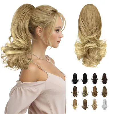 Obrázek produktu pro Prodlužování vlasů, cop, kudrnaté, klipsací, 33 cm, tmavě blond až do světlé blond, syntetické