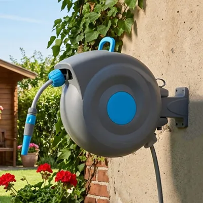 Produktbild von Gartenschlauchaufroller 20m Schwenkbare Schlauchtrommel Wand-Schlauchbox mit Arretierstop Inkl. Wandhalterung mit 11-Muster-Sprühdüse Autowaschen