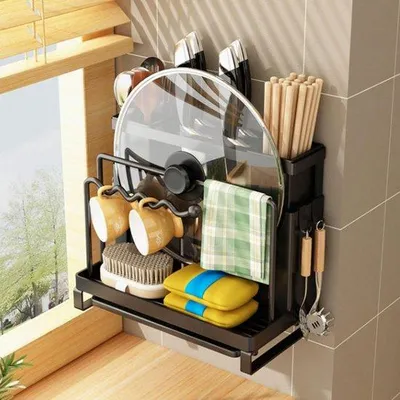 Produktbild von Ibenzoa® Küchenorganizer 25 x 16 x 24 cm – schwarzes, multifunktionales Kräuterregal aus Kohlenstoffstahl mit Haken, Besteckfach & Schneidebretthalter für Arbeitsplatte & Wand