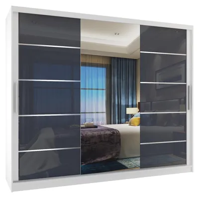 Image de BELINI Verona MGB, armoire coulissante de 232 cm, blanc/gris, finition brillante - Armoire avec miroir et 4 tiroirs, idéale pour la chambre