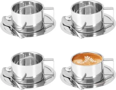 Immagine prodotto di Set da caffè in acciaio inossidabile, 4 pezzi, tazze termiche da 200 ml/7 oz con cucchiaini e piattini, per caffè, latte macchiato, tè e latte.