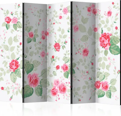 Obrázok produktu pre Obojstranný paraván Kvety 225x172 cm 5-dielny biely