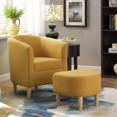 Produktbild von Sessel Wohnzimmer, Ohrensessel mit Hocker Senfgelb, gepolsterter Fernsehsessel Leinenstoff Lesesessel bequemer Einzelsofa Relaxsessel Clubsessel Cocktailsessel für Schlafzimmer, Wohnung, Büro
