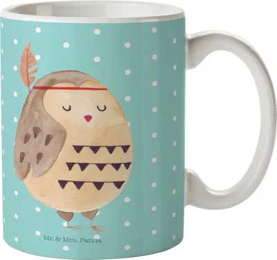 Produktbild von Mr. & Mrs. Panda Geschenktasse Eule Federschmuck - Türkis Pastell - Geschenk, Abenteuer, Tasse, Kaffeetasse, Dekoration, Trinkbecher, Waldtiere, Kaffeebecher, bedruckt