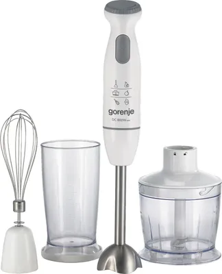 A white hand blender set with accessories on a white background.