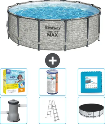 Produktbild von Bestway Round Steel Pro MAX Schwimmbad – Steindruck – 427 x 122 cm – inklusive Pumpe – Leiter – Abdeckung Wartungspaket - Filter - Bodenfliesen