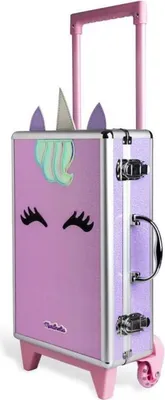A child's unicorn-themed rolling suitcase.
